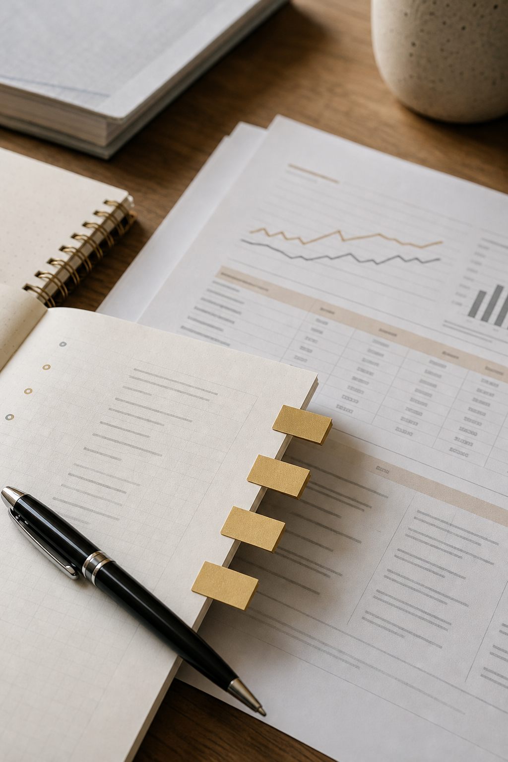 Financiële documenten met grafieken, notitieboek en zwarte pen