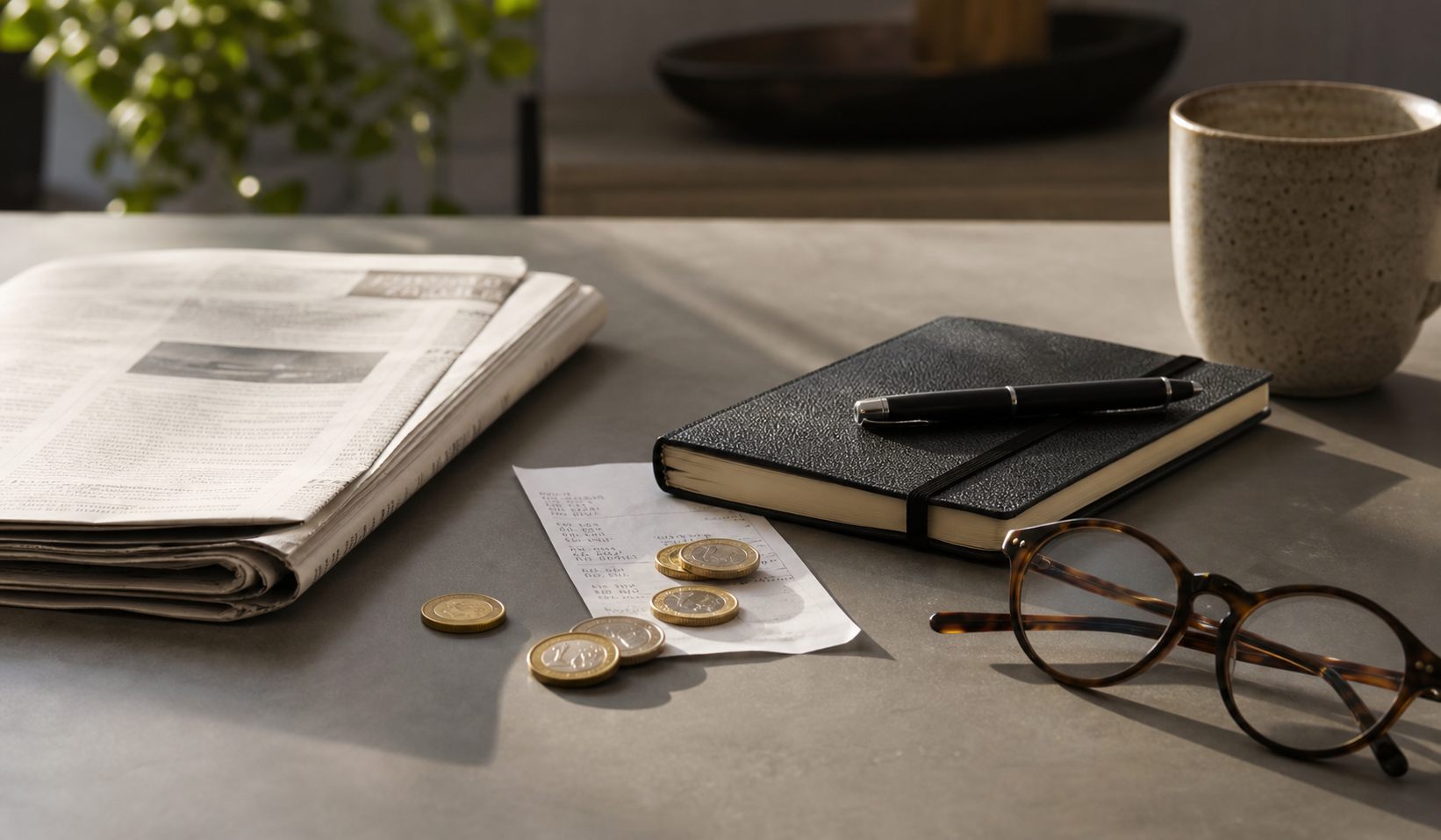 Munten, kassabon, notitieboek en krant op een tafel