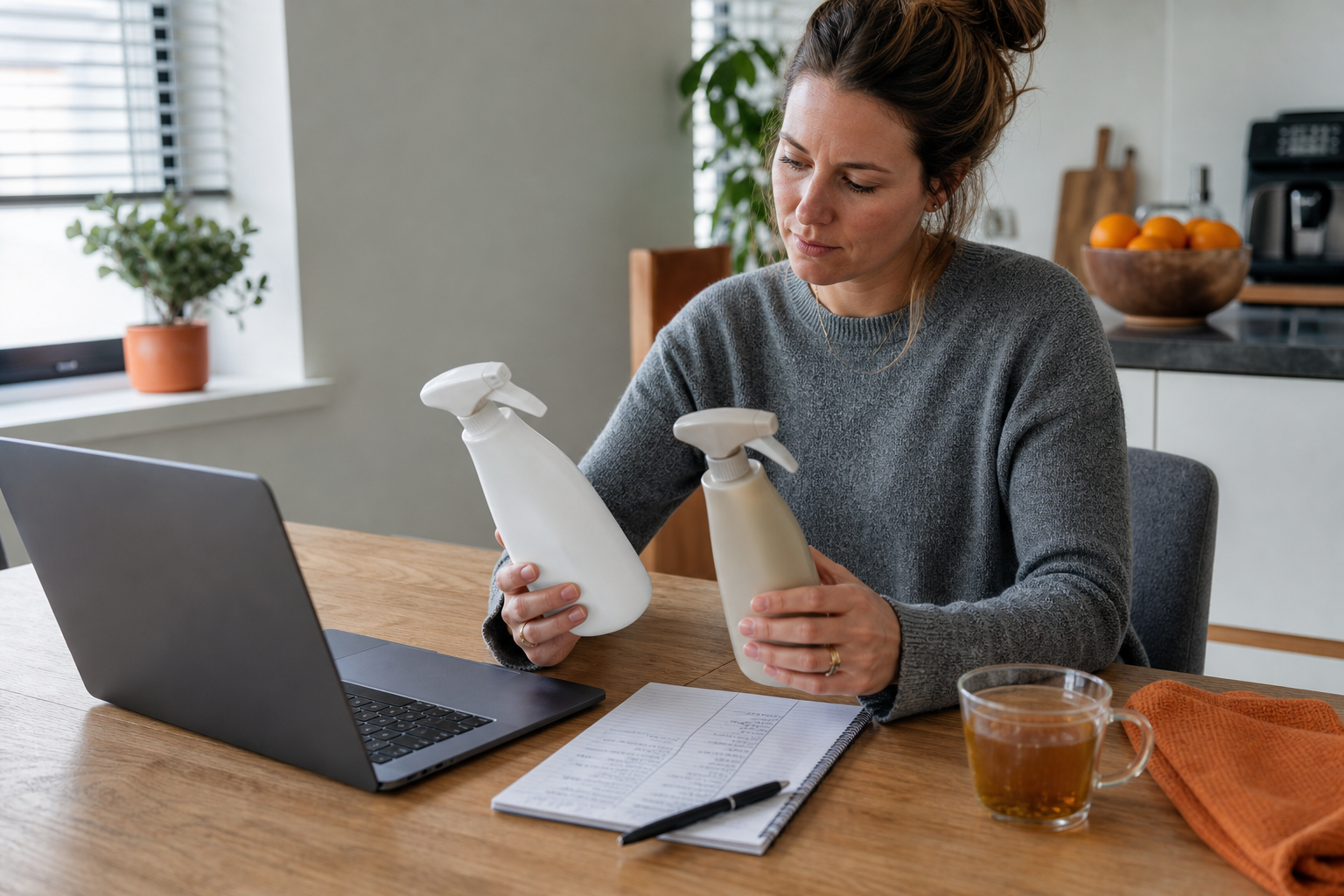 Vrouw vergelijkt twee huishoudelijke sprayflessen naast haar laptop